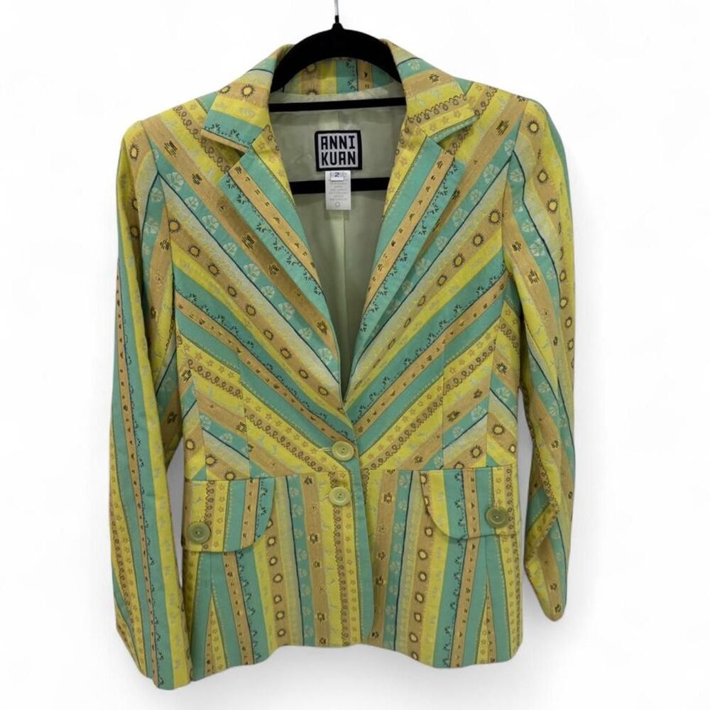 Vintage Anni Kuan yellow & green patterned blazer with button-up front
